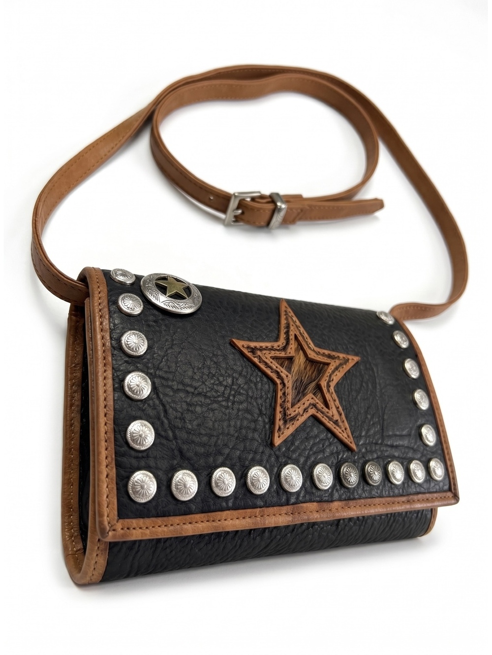 Montana hand tooled leather Western crossbody wallet hair on hide